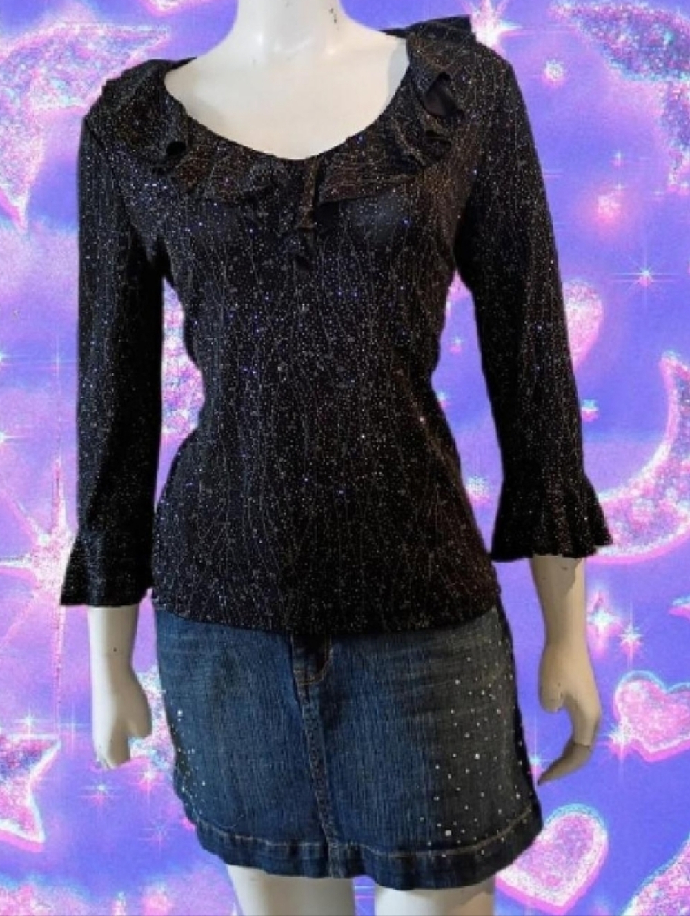 Y2K Metaphor women's M black & silver glittery v-neck 3/4  sleeve ruffled  top